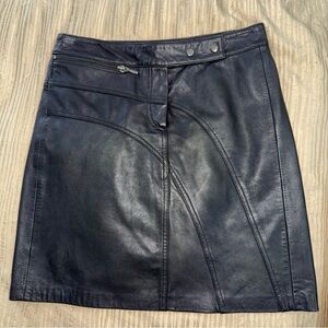 VTG Cache Black Leather A-Line Skirt with Panel Stitching